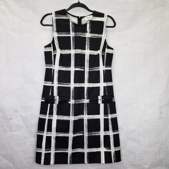 Eliza J A-Line Dress Women's 6 Black White Windowpane Sleeveless Modern Back Zip - Picture 1 of 14